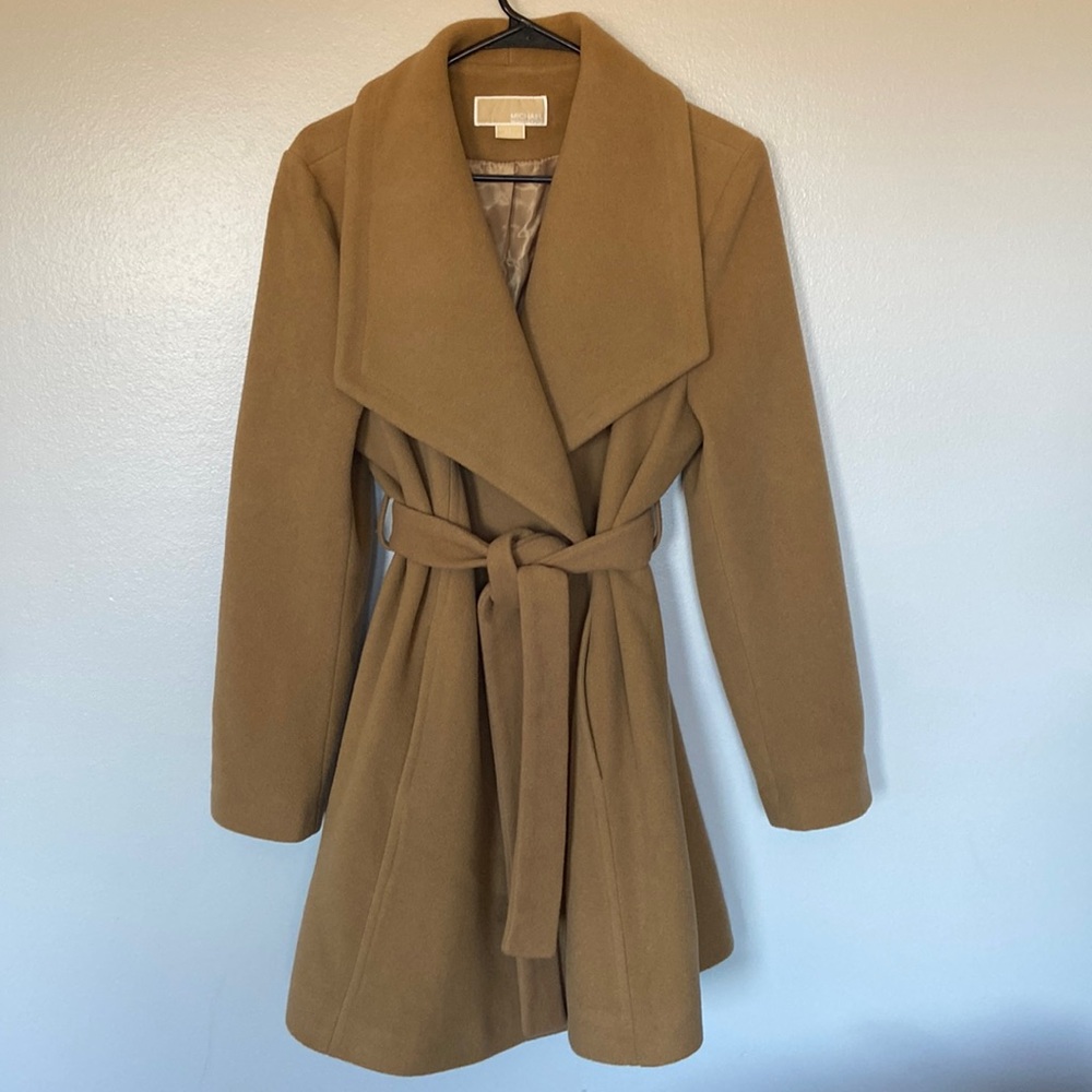Michael Kors Camel Belted Wrap Coat Wool Cashmere Blend SzL Classic Spring Layer